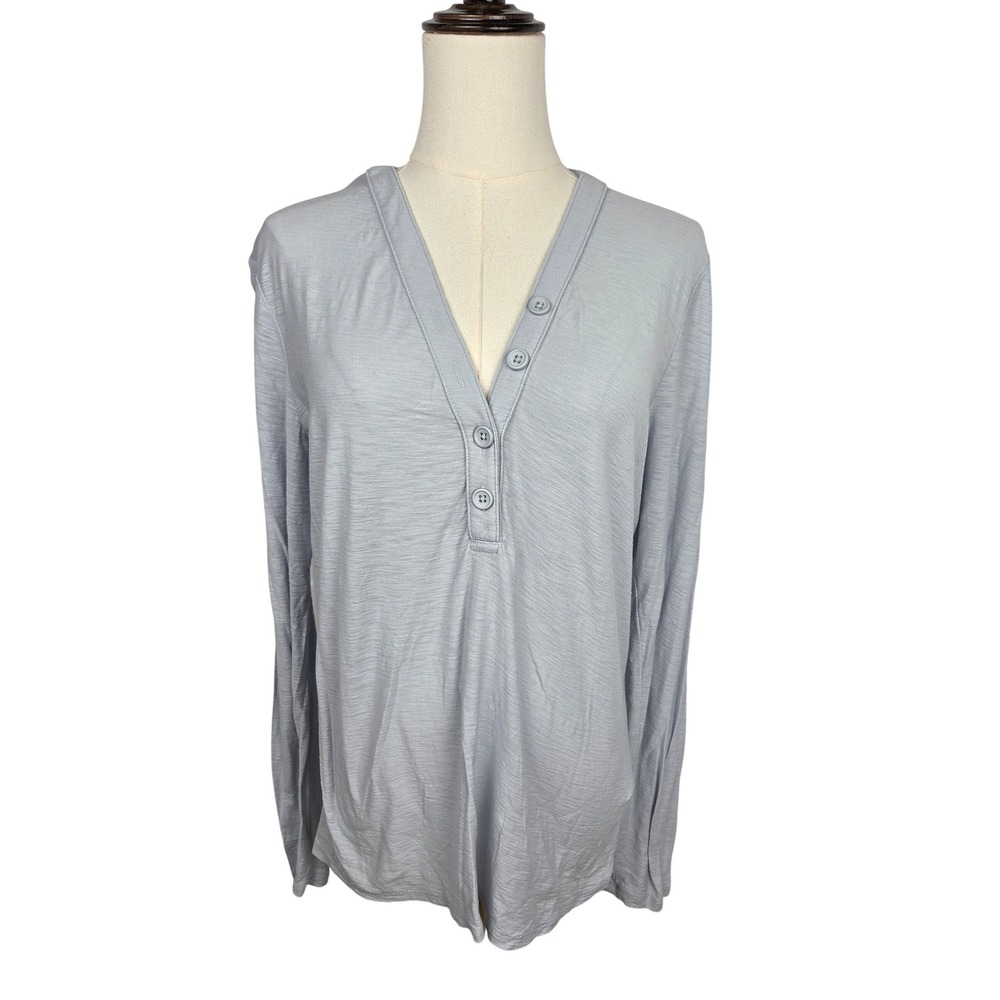 James Perse Henley Shirt Size 4 XL Light Blue Grey Slub Knit Long Sleeve V-Neck